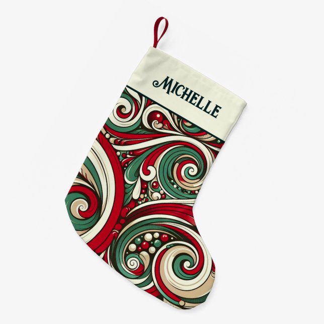 Red and Green Swirls Personalized Small Christmas Stocking (Front (Hanging))