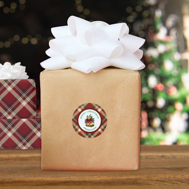 Red and Green Tartan Christmas Personalized Classic Round Sticker (Creator Uploaded)