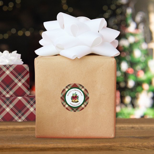 Red and Green Tartan Christmas Personalized Classic Round Sticker (Creator Uploaded)