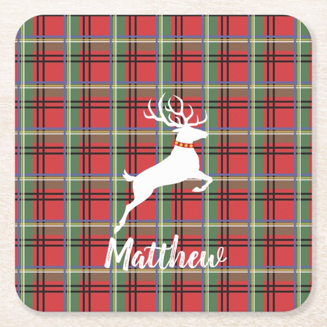 Red and Green Tartan Christmas Plaid Square Paper Coaster (Front)