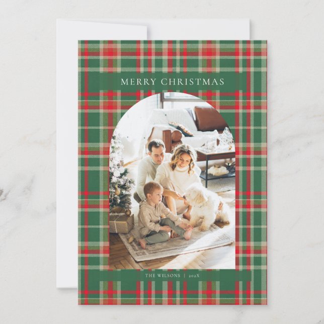 Red and Green Tartan Plaid Photo Christmas Card (Front)