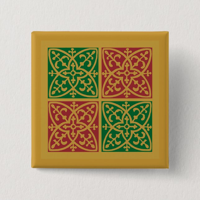 Red and Green Tile Art on Gold Pattern 15 Cm Square Badge (Front)