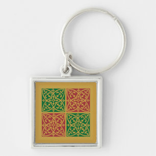 Red and Green Tile Art on Gold Pattern Key Ring