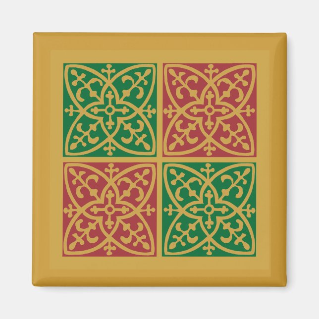 Red and Green Tile Art on Gold Pattern Magnet (Front)