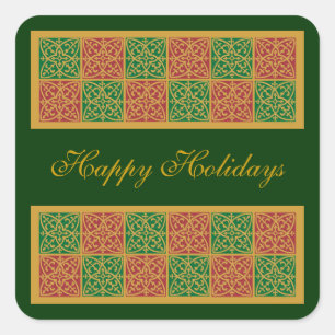 Red and Green Tile Art on Gold Pattern Square Sticker