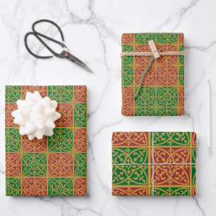 Red and Green Tile Art on Gold Pattern Wrapping Paper Sheet