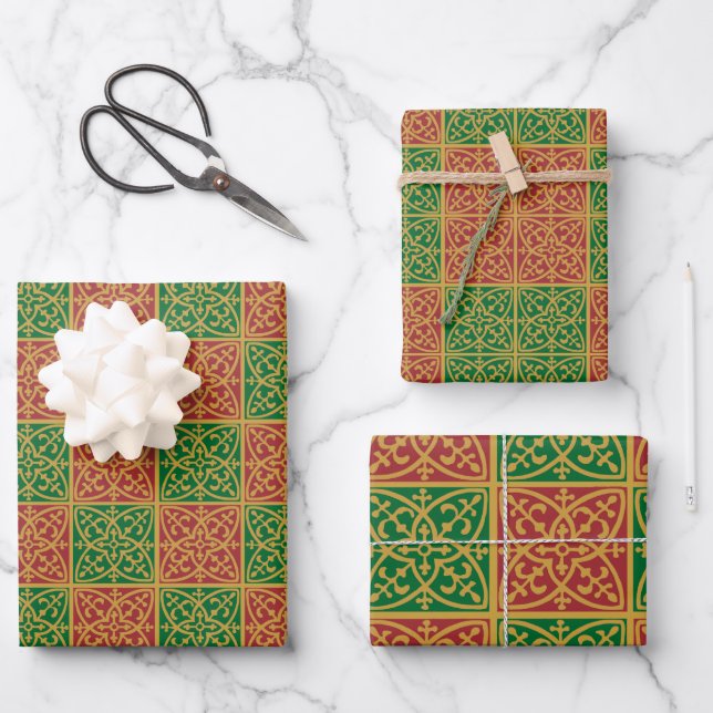 Red and Green Tile Art on Gold Pattern Wrapping Paper Sheet (Front)