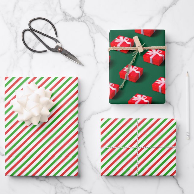 Red and Green Traditional Christmas Pattern Wrapping Paper Sheet (Front)