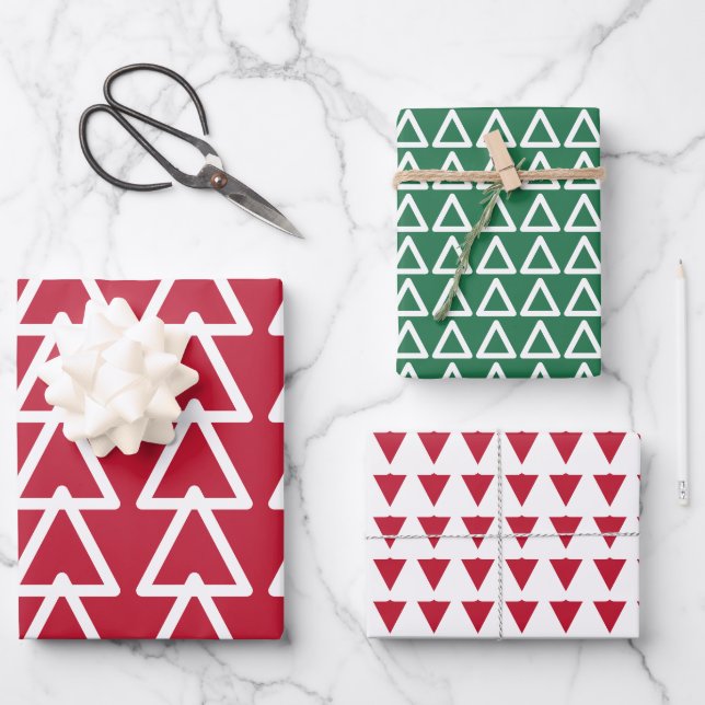 Red and Green Triangular Pattern Christmas Wrapping Paper Sheet (Front)