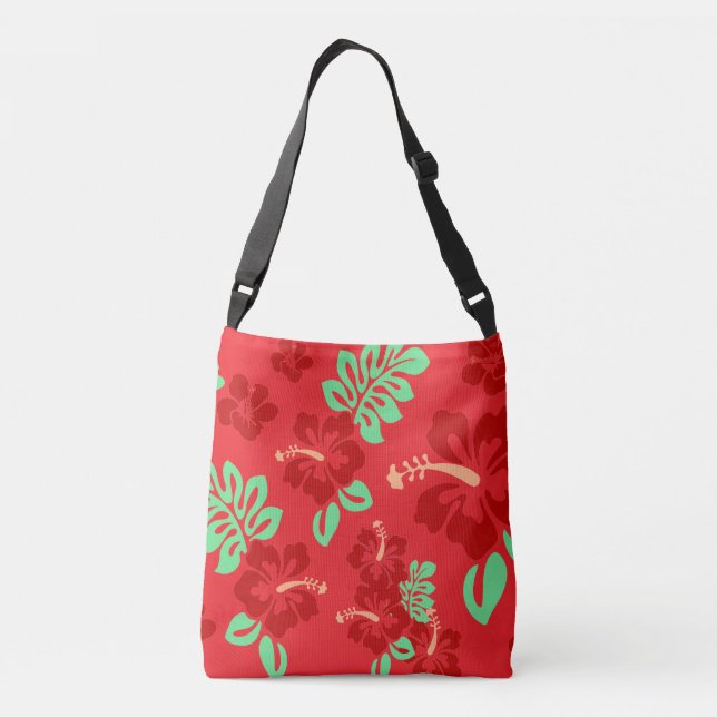 Red and Green Tropical Hibiscus Floral Crossbody Bag (Back)
