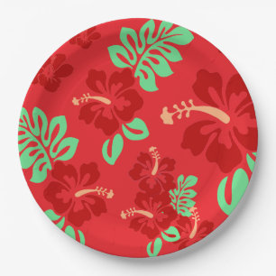 Red and Green Tropical Hibiscus Floral Pattern Paper Plate