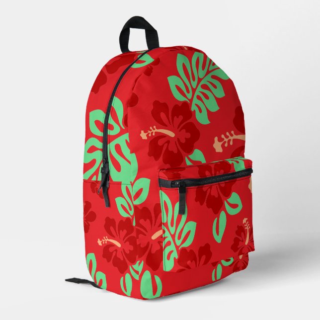 Red and Green Tropical Hibiscus Floral Printed Backpack (Back Corner Left)