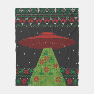Red and Green UFO Tractor Beam Ugly Christmas Fleece Blanket