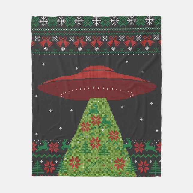 Red and Green UFO Tractor Beam Ugly Christmas Fleece Blanket (Front)