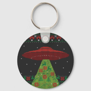 Red and Green UFO Tractor Beam Ugly Christmas Key Ring
