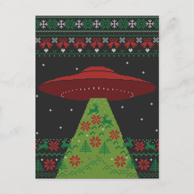 Red and Green UFO Tractor Beam Ugly Christmas Postcard (Front)