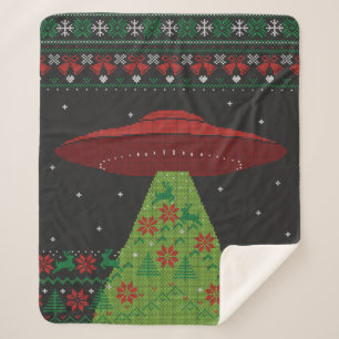 Red and Green UFO Tractor Beam Ugly Christmas Sherpa Blanket