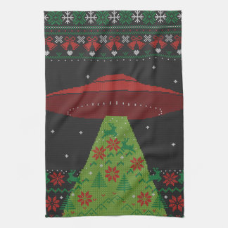 Red and Green UFO Tractor Beam Ugly Christmas Tea Towel