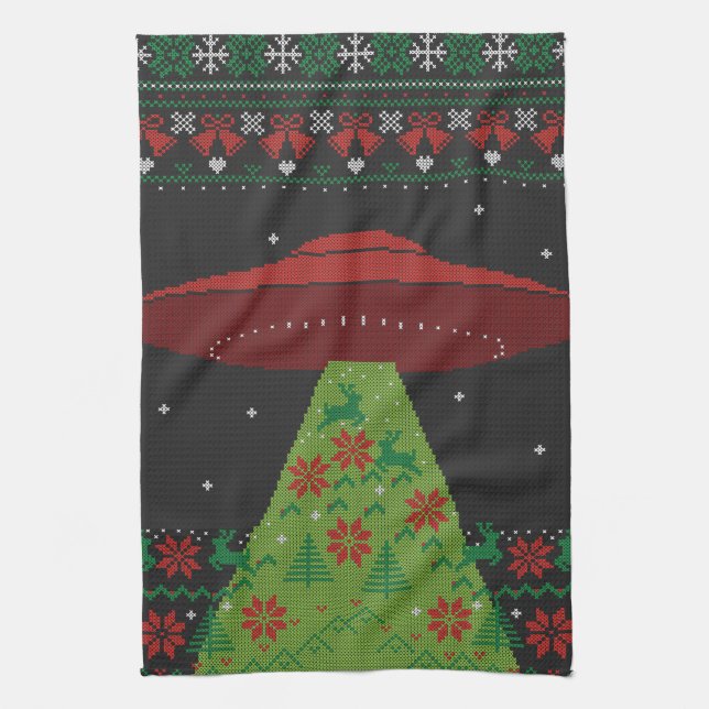 Red and Green UFO Tractor Beam Ugly Christmas Tea Towel (Vertical)