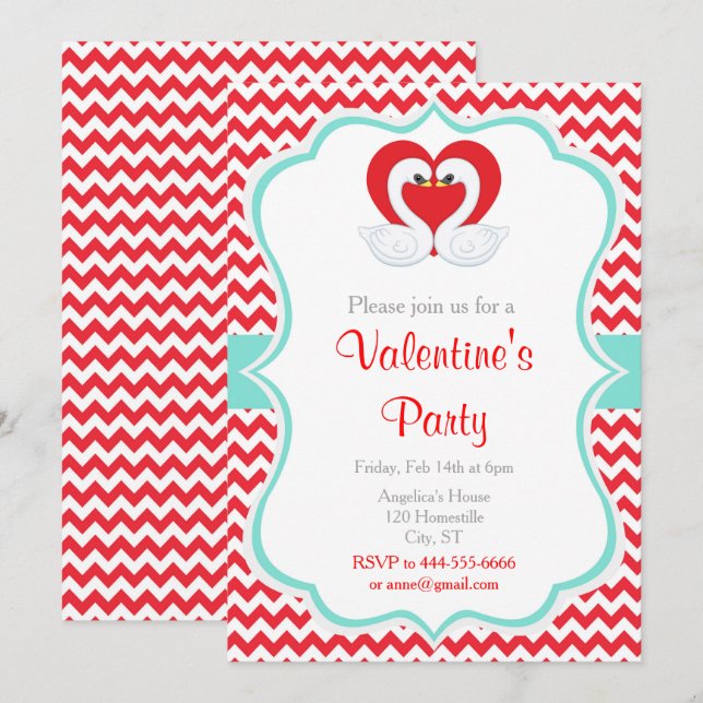 Red and Green Valentine Swans Invitation (Front/Back)