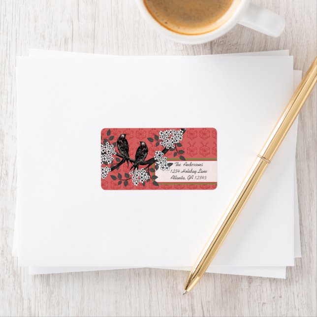 Red and Green Vintage Birds Christmas Labels (Insitu)