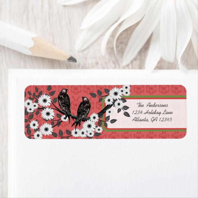 Red and Green Vintage Birds Christmas Labels (Insitu)