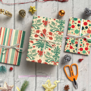 Red and Green Vintage Christmas set of 3 Wrapping Paper Sheet