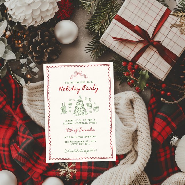 Red and Green Vintage Doodle Christmas Family Invitation (Creator Uploaded)