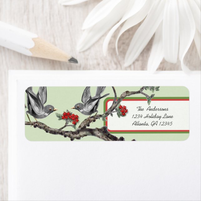 Red and Green Vintage Grey Birds Christmas Labels (Insitu)