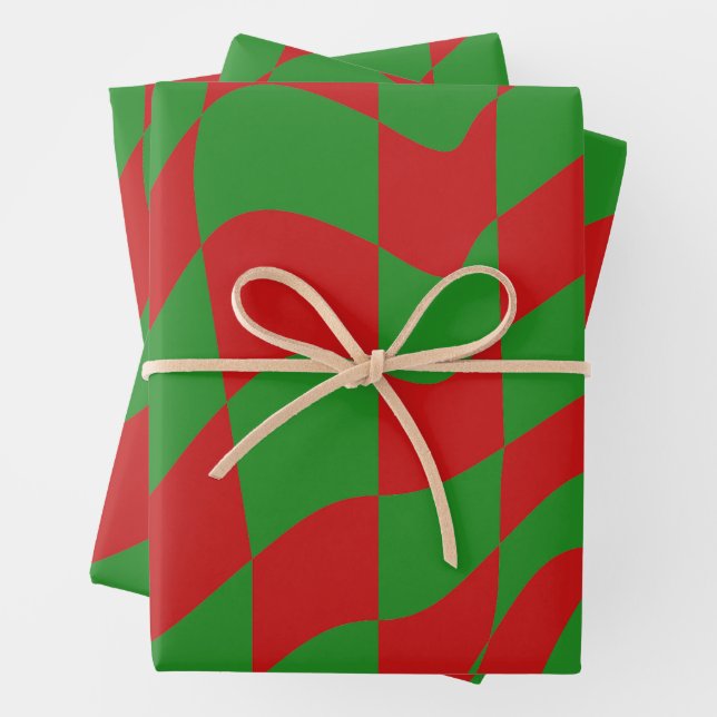 Red and Green Warped Chequerboard  Wrapping Paper Sheet (In situ)