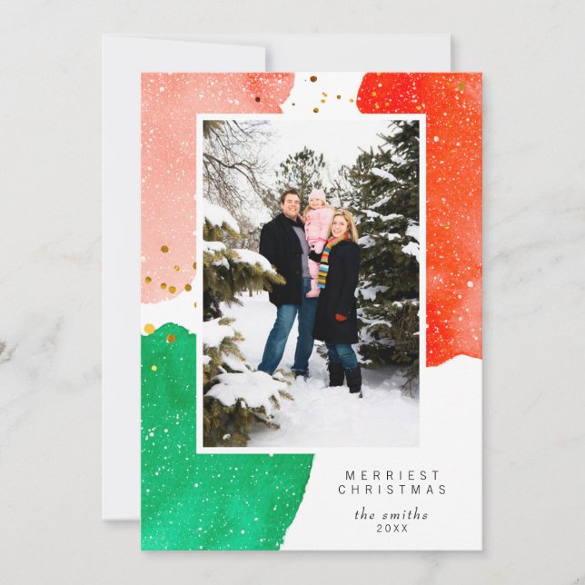 Red and Green Watercolor Abstract Christmas Photo Holiday Card (Front)