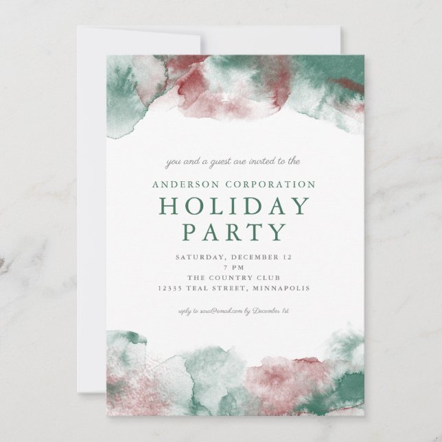 Red and Green Watercolor Business Christmas Party Invitation (Front)