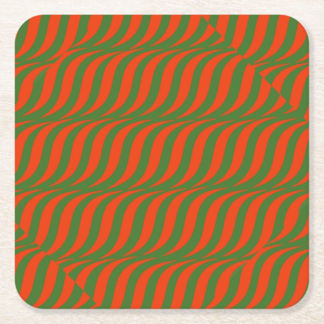 Red and Green Waves Square Paper Coaster (Front)