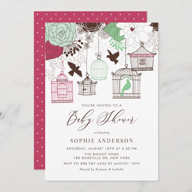 Red and Green Whimsical Birdcages Baby Shower Invitation (Front/Back)