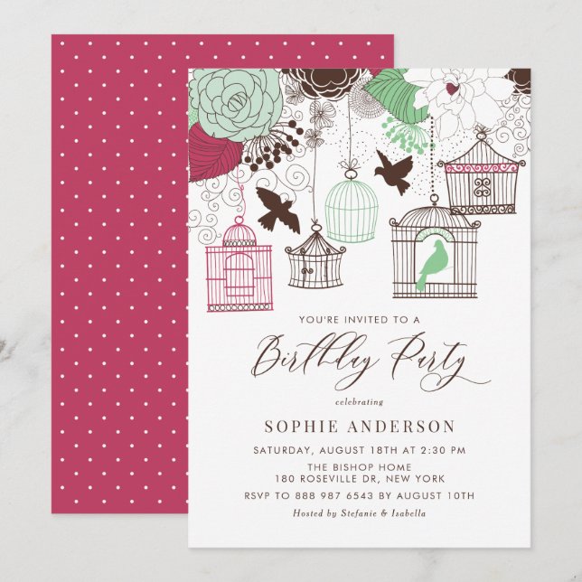 Red and Green Whimsical Birdcages Birthday Invitation (Front/Back)