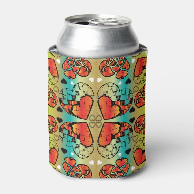 Red and green Whimsical Romantic Hearts pattern Can Cooler (Can Front)