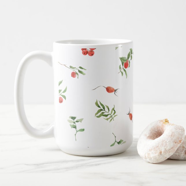 Red And Green Winter Berries & Leaves Illustration Coffee Mug (With Donut)
