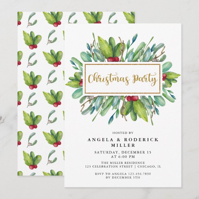 Red and Green Winter Foliage Christmas Party Invitation (Front/Back)