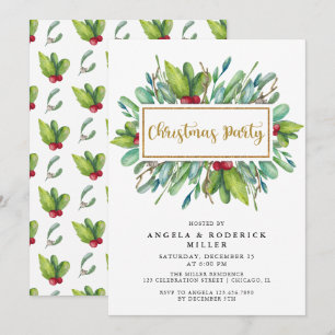 Red and Green Winter Foliage Christmas Party Invitation