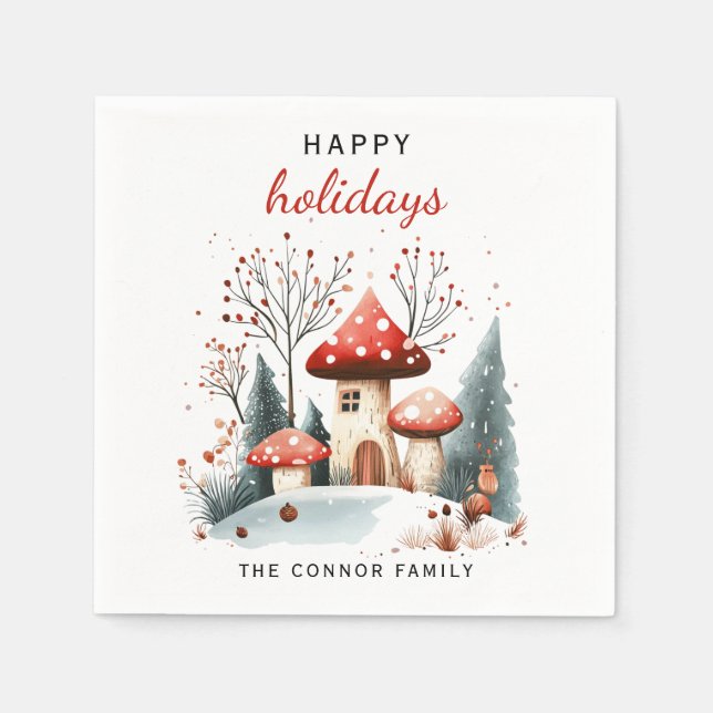 Red and Green Winter Woodland Happy Holidays Napkin (Front)