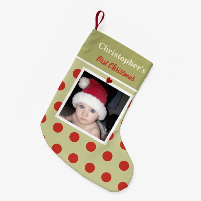 Red and green with photo and name first small christmas stocking (Front (Hanging))