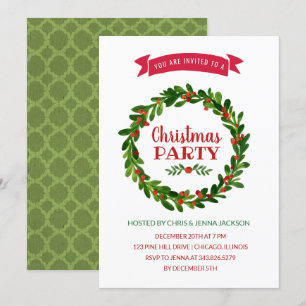 Red and Green Wreath Christmas Party Invitation