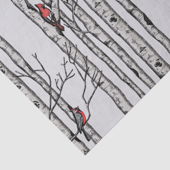 Red and Grey Birch Trees and Red Cardinal Birds Tissue Paper (Detail)