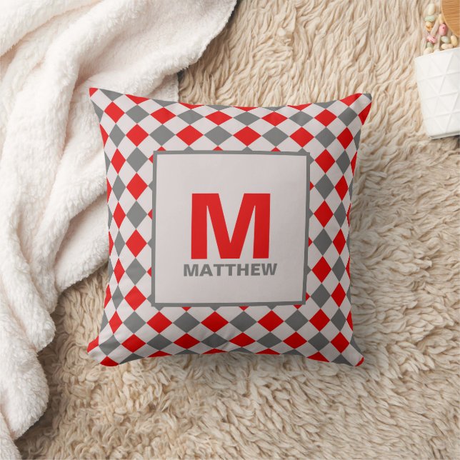 Red and Grey Boys Diamond Pattern Monogrammed Cushion (Blanket)