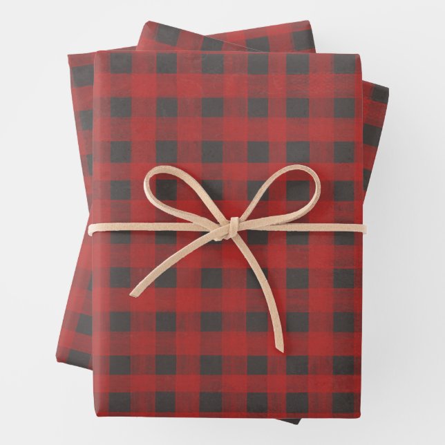 Red and Grey Buffalo Plaid Wrapping Paper Sheet (In situ)