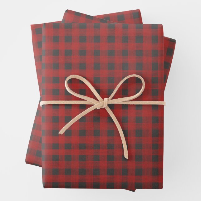 Red and Grey Buffalo Plaid Wrapping Paper Sheet (In situ)