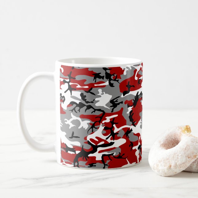 Red and Grey Camouflage, Military, Army Coffee Mug (With Donut)