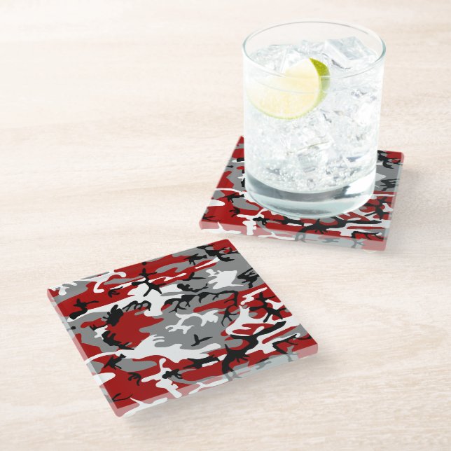 Red and Grey Camouflage, Military, Army Glass Coaster (Angled)