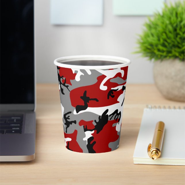 Red and Grey Camouflage, Military, Army Paper Cups (Insitu)