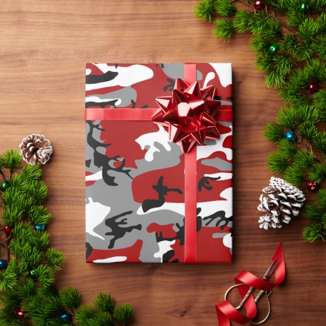 Red and Grey Camouflage, Military, Army Wrapping Paper (Holiday Gift)